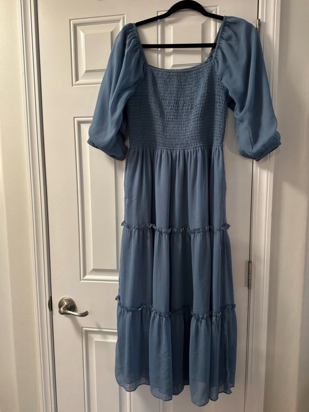 Mikarose Dusty Blue Smocked Tiered Midi Dress with Puff Sleeves